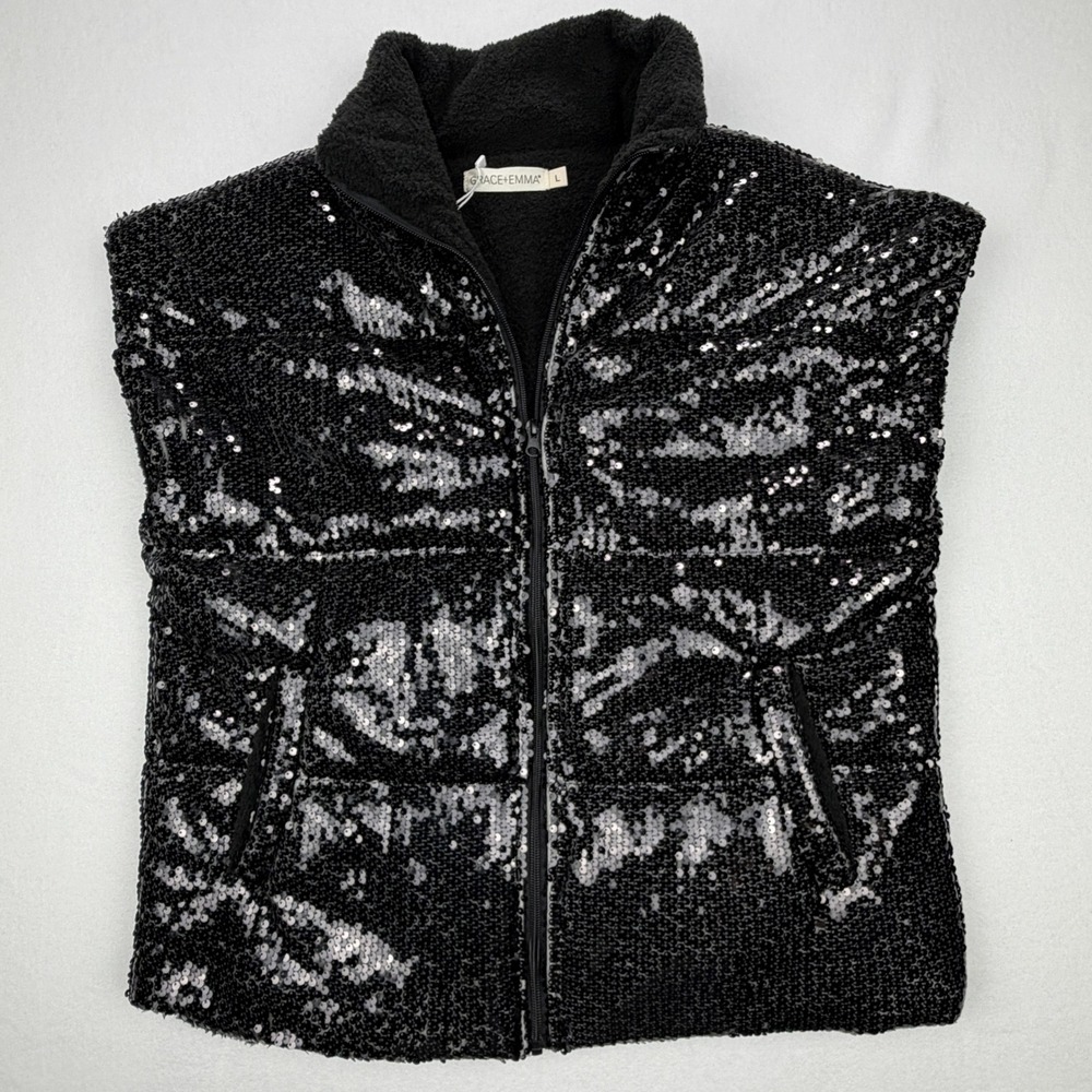 Grace + Emma Southern Grace Black Sequin Puffer Vest Sherpa Lined NWT Large